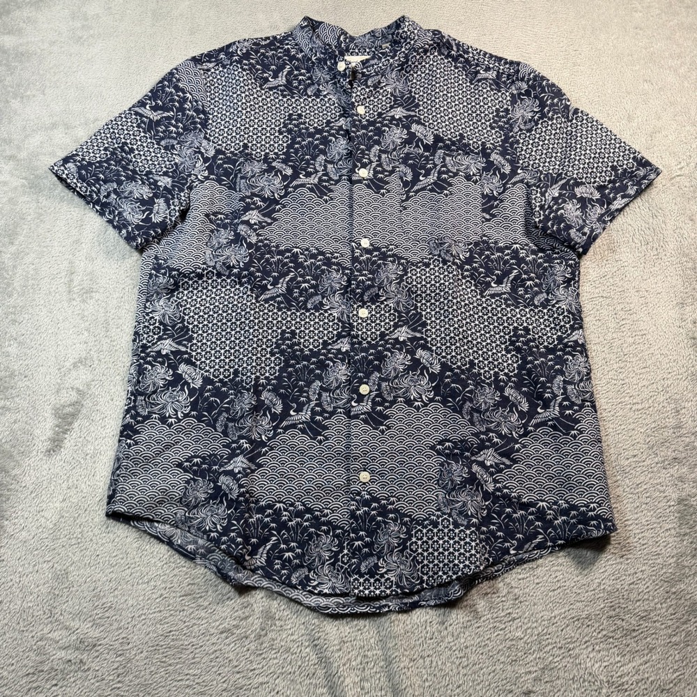 Baird McNutt Murano Linen Shirt Men Small Blue Japanese Crane Floral Band Collar
